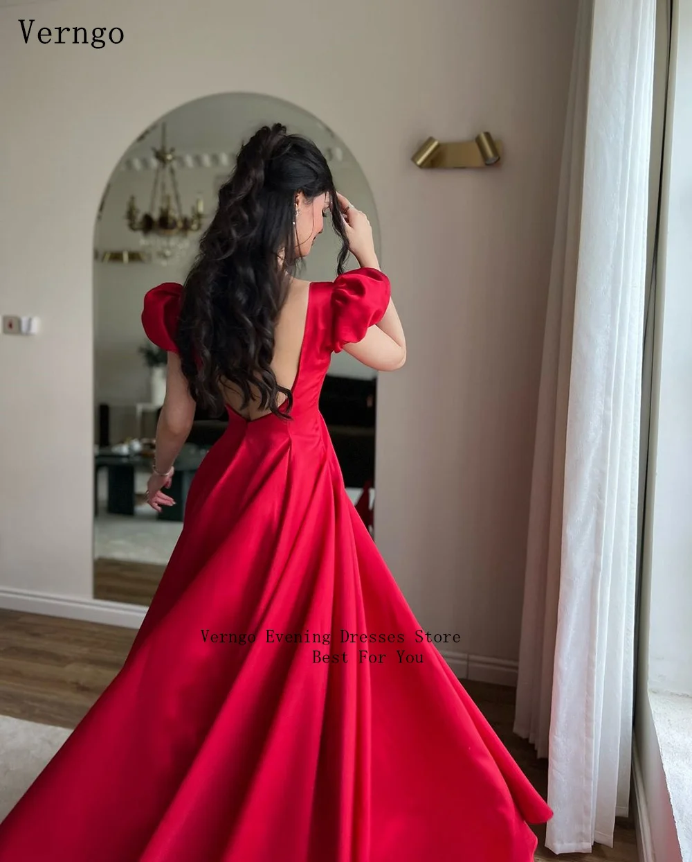 Verngo-vestido vermelho de cetim para mulheres, manga curta folhada, vestidos de baile, zíper sem costas, flores 3D, vestido de festa