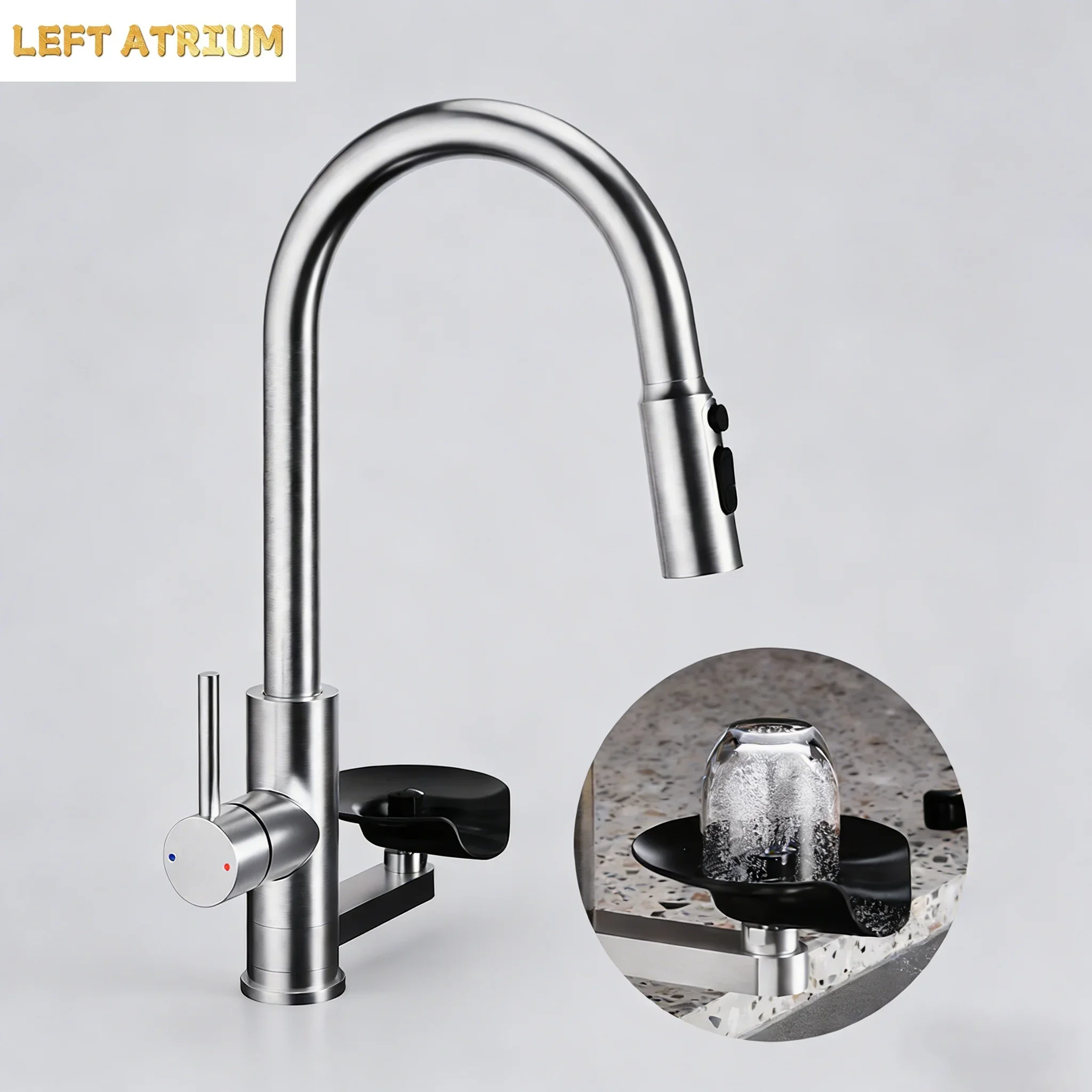 Modern High End Kitchen Sink Faucet with Cup Washer Brushed Nickel Pull Out Spout Kitchen Faucets One Hole 360° Swivel Mixer Tap