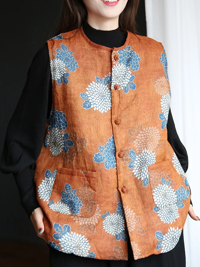 

Warmth Women's Cotton Linen Printed Vest Button up Top Coat Vintage Mom Autumn Winter New Sle Commute Thiened Plant Floral