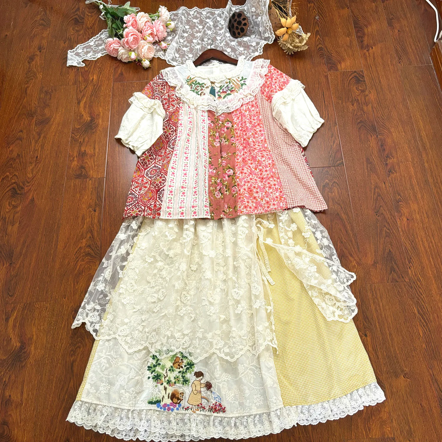 

Lace Mori Sweet Patchwork Floral Shirt Top Summer New Mid-Length with Embroidery Midi Organza Skirt
