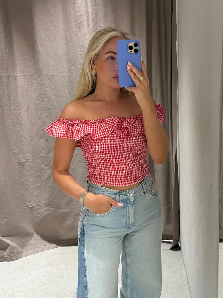 

HH Spring Top For Women New Fashion One-Collar Backless Tight Tops Woman Versatile Short Elastic Plaid Top Clothing 2025