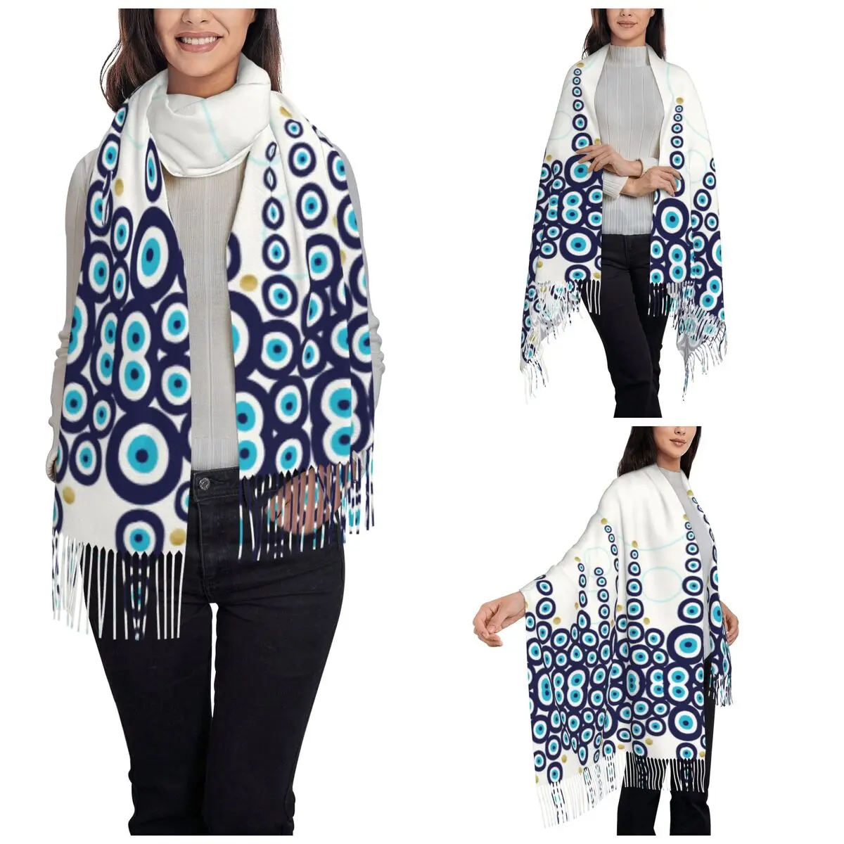 Evil Eye Beads Hanging Shawl Wrap for Women Warm Long Soft Scarf Blue Nazar Amulet Pattern Boho Pashminas Tassel Scarves