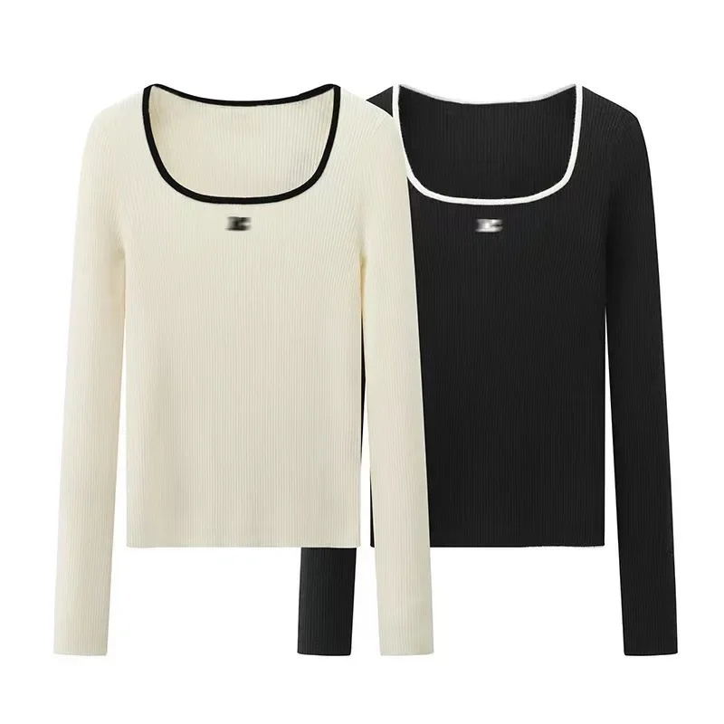 2023Winter New Versatile Letter Contrast Slim Fit Knitted Top Square Collar Base Layer Smooths Your Silhouette MBC4SWT018