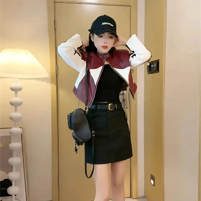 Contrast Color PU Leather Coat for Women's Fashion Short Motorcycle Leather Jacket New 2025 Spring Autumn Female Outerwear Top