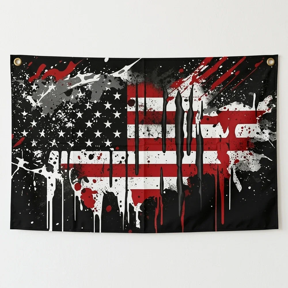 USA American Flag 3x5 FT Grunge Drip Paint Splatter Patriotic Black Red White Banner Wall Decor Indoor Outdoor Hanging Polyester