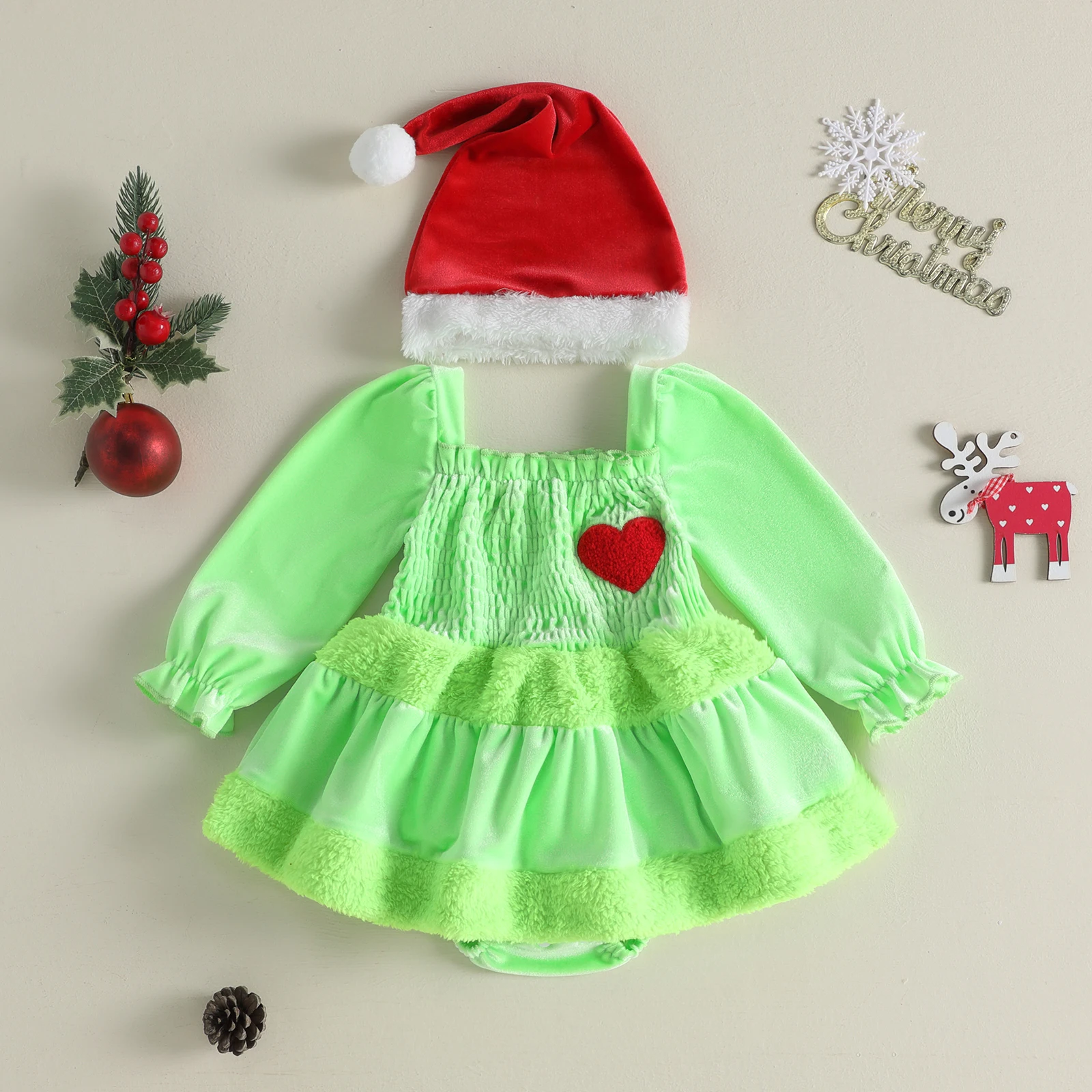 Baby Girl Christmas Bodysuits Dress Outfits Velvet Long Sleeve Fur Trim Romper Dress with Headband Costume