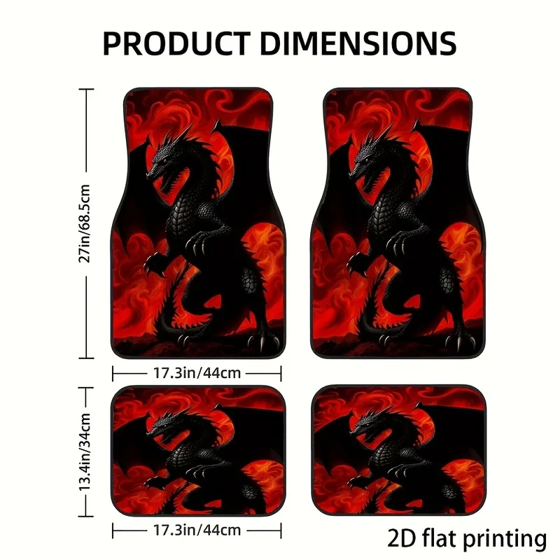 4 Pcs Car Floor Mats Black Dragon Red Flame Print Dark Fantasy Style Car Interior Accessories.