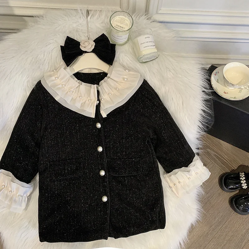 Cotton Lining and Thickening Clothing Girls' Coat Korean Style Retro Pearl Lace Contrasting Splicing Winter Long Jacket with