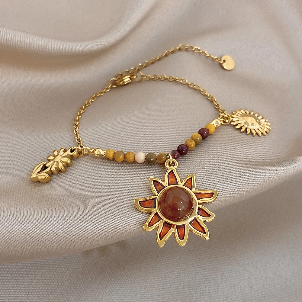 

Freetry Vintage Sun and Flower Beads Stainless Steel Bracelet for Women Thin Chain Waterproof Bracelet Holiday Jewelry Gift