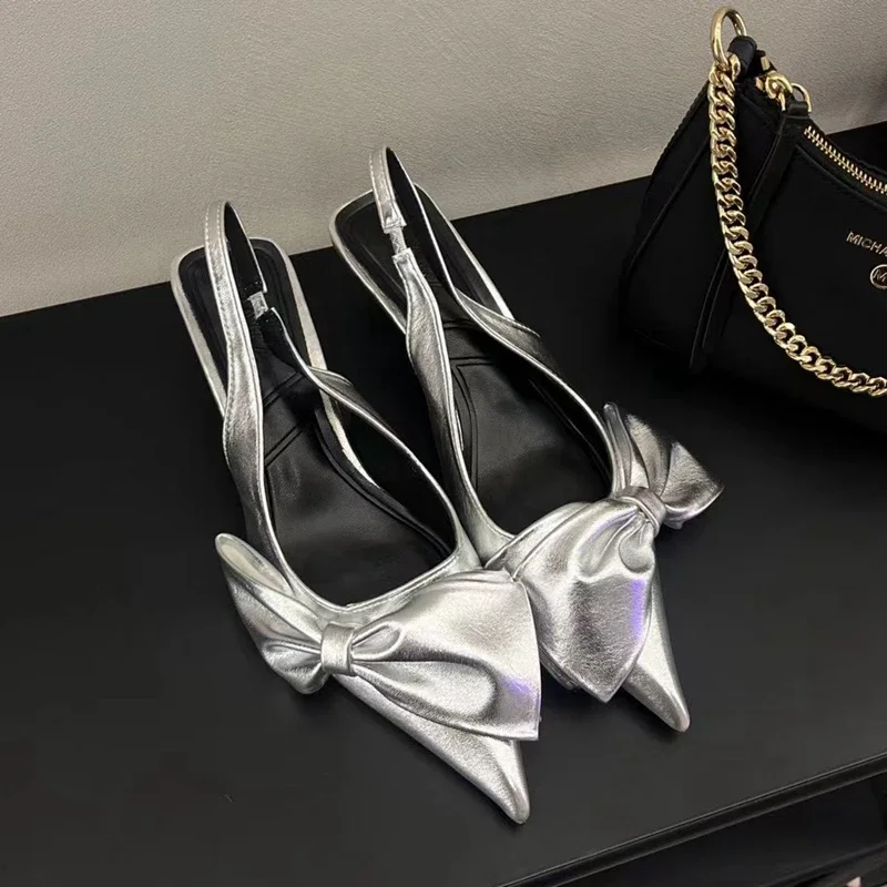 2024 Spring New Brand Women Snadal Fashion Big Bow-knot Ladies Elegant Sliver Slingback Mules Thin Low Heel Dress Pump