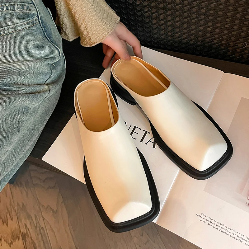 2024 Spring Summer Women Pumps Thick Heels Square Toe Slippers Genuine Leather Concise Casual Shoes Woman Mules New Arrival