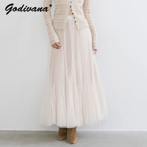 

Новое весенне-летнее женское платье в японском стиле 2026 года: милое плиссированное платье из сетчатой органзы с эластичной талией, длинная юбка А-силуэта