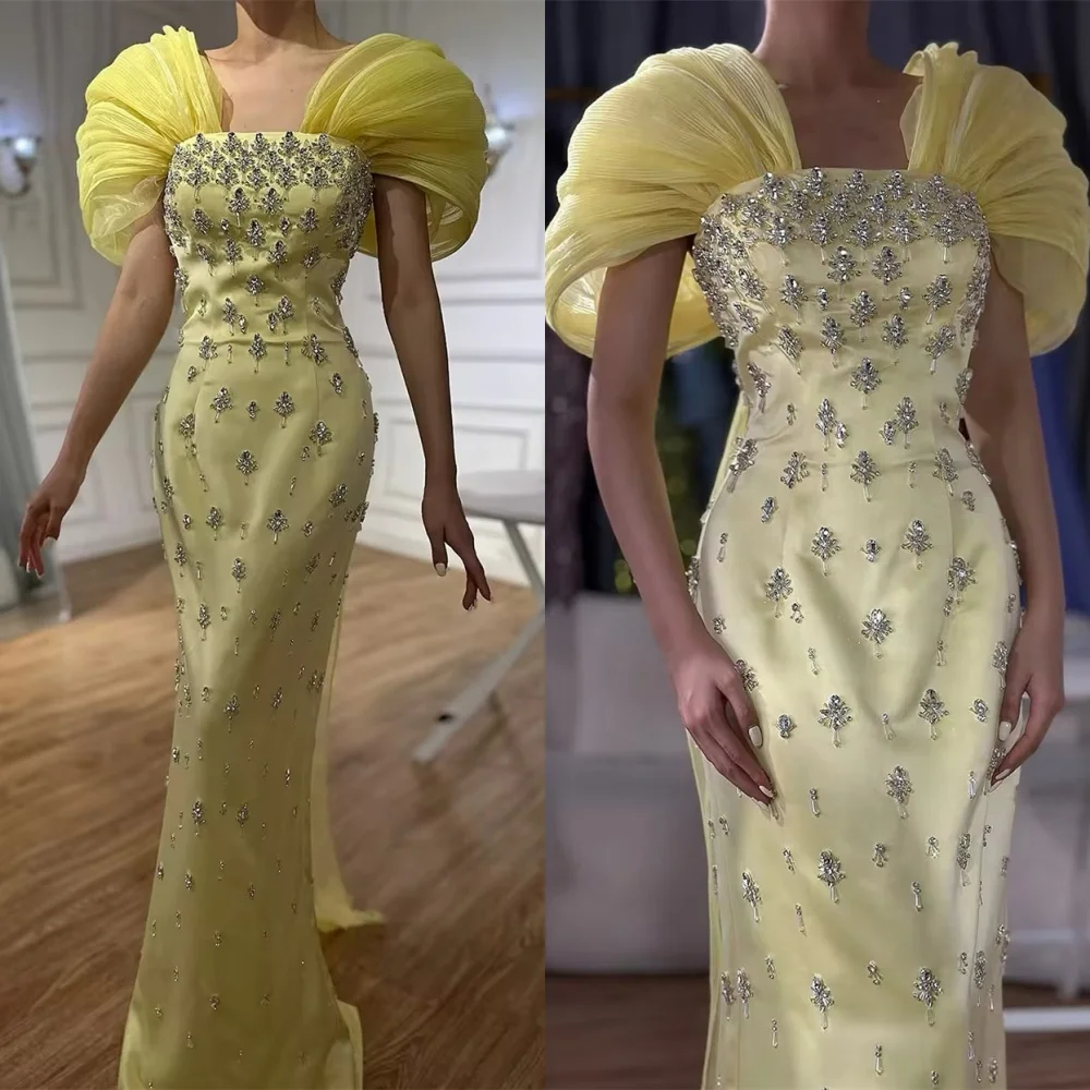 

Индивидуальное темпераментное желтое трикотажное вечернее платье высокого качества с квадратным воротником без рукавов и кристаллами на молнии сзади, платье для выпускного вечера