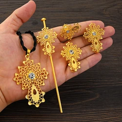 African Cross Necklace Earrings Ring Hairpain Jewelry Sets Gold Color Ethiopian Eritrean Holiday Party Ornaments