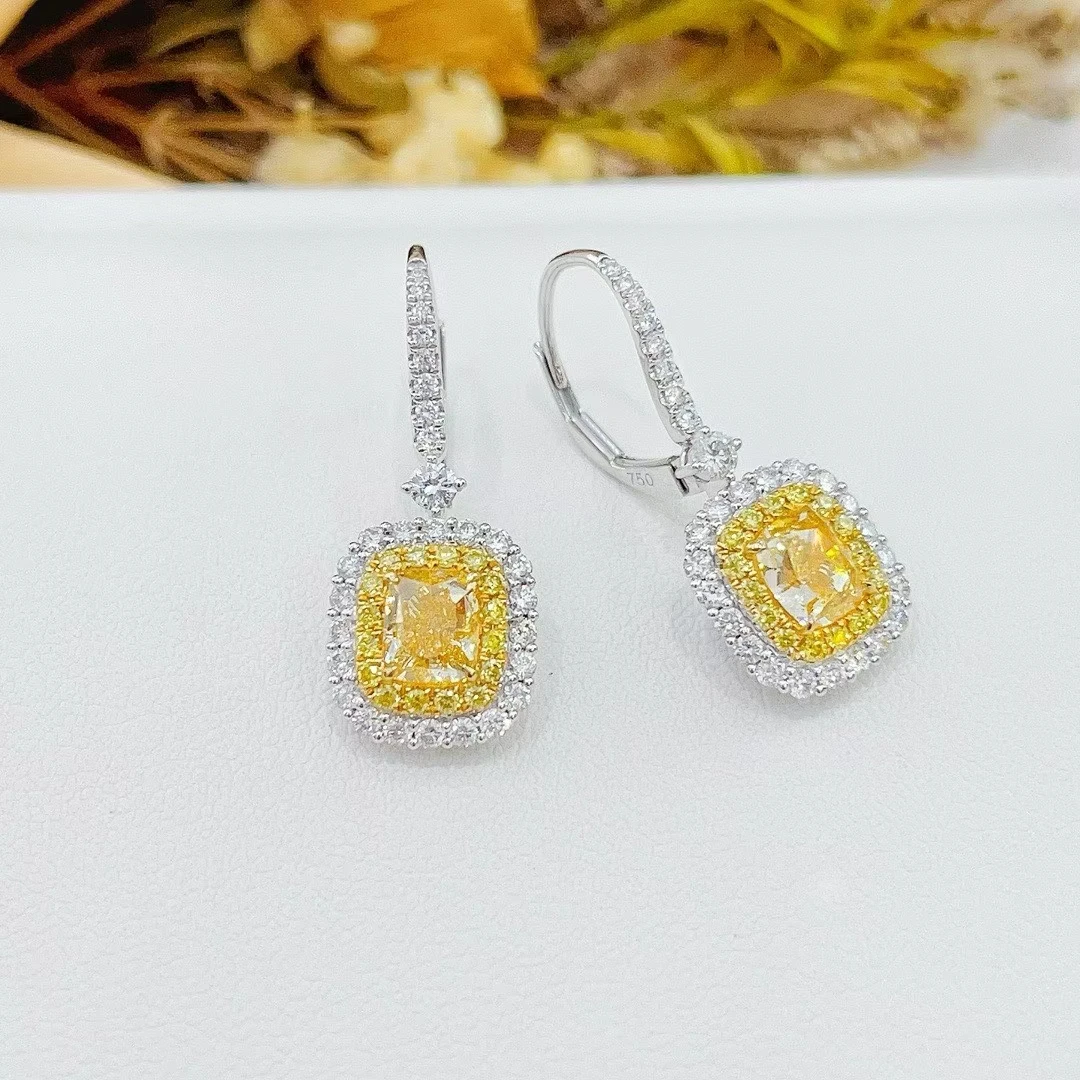 18K Gold Solid Real Lab-Grown Yellow Diamond Cushion-Cut Square Halo Earrings in Platinum, High-End Jewelry Custom Wholesale.
