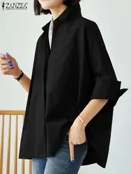 Oversize Stylish Shirts ZANZEA Women Solid 3/4 Blouse Spring Lapel Neck Buttons Blusas Casual Loose OL Work Tops Female Tunic