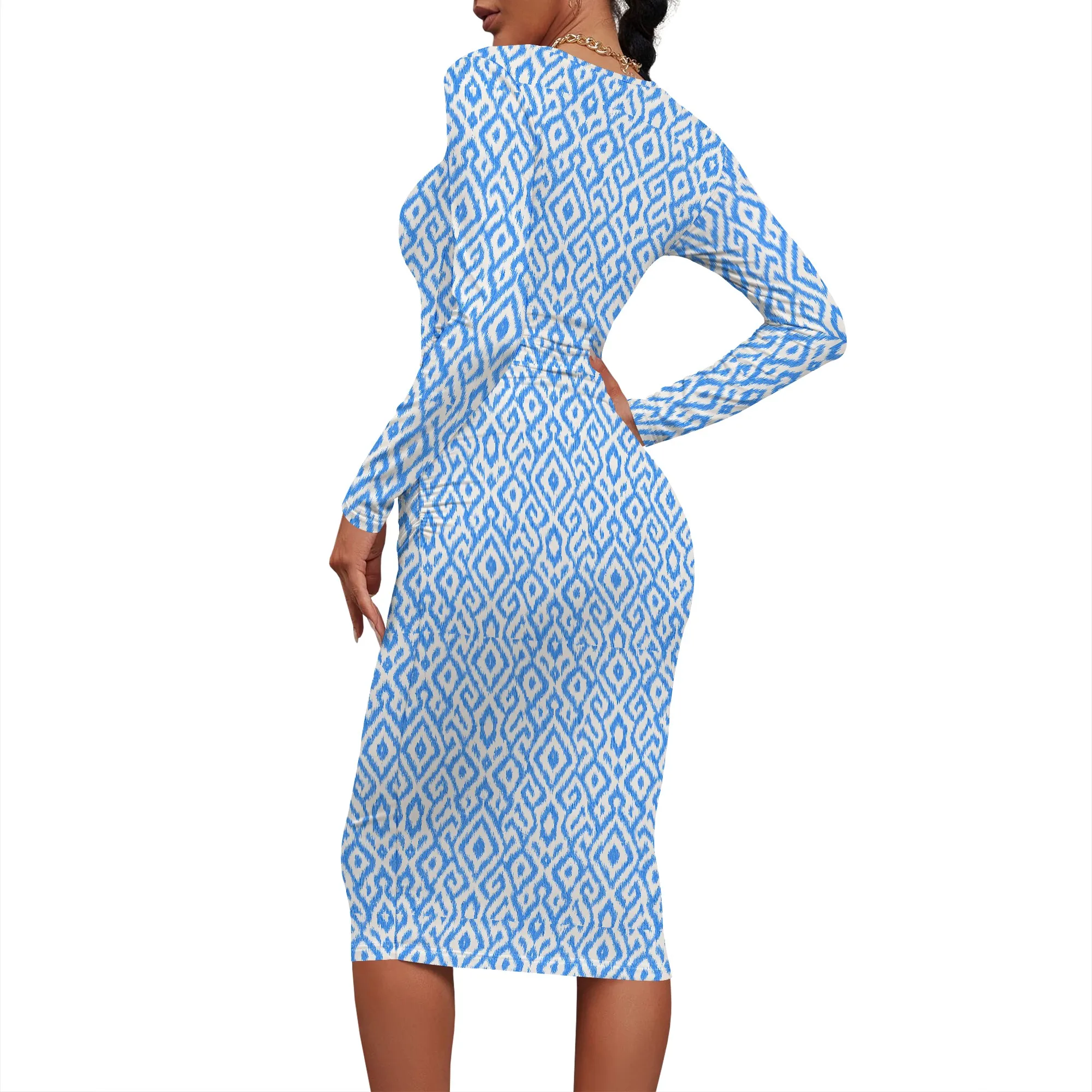 Women's Casual Ruched Basic Pencil Midi Dress Elegant Crew Neck Long Sleeve Club Dress Sexy Slim Party Cocktail