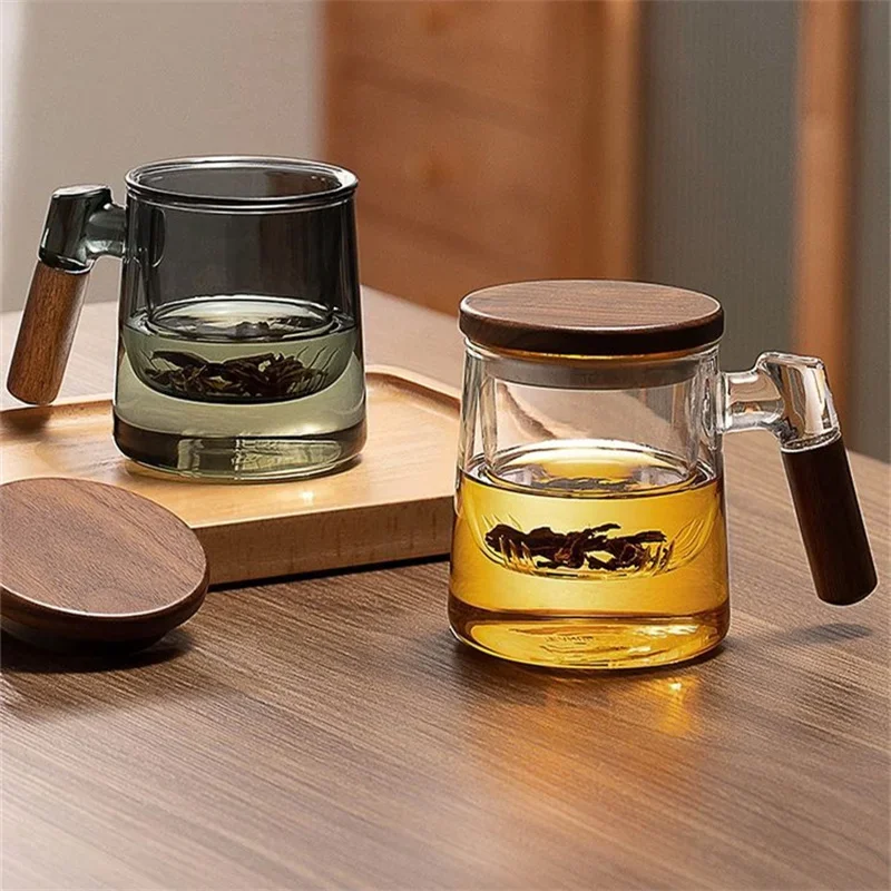 

400ml Walnut Wooden Handle Lid Filter Glass Cups Tea Water Separation Scented Teacup High Quality Convenient Kung Fu Mugs