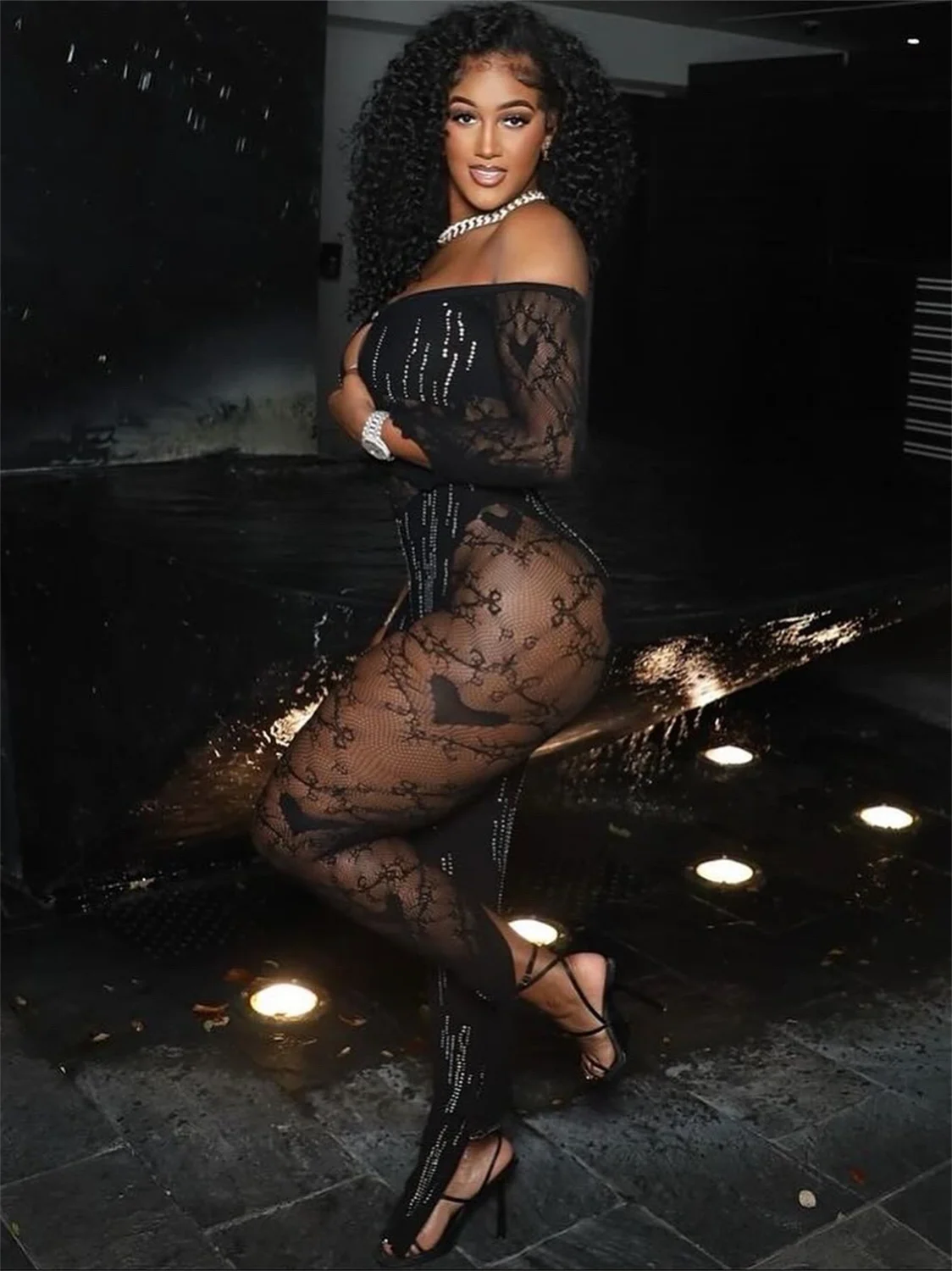 

Sistrelinda Sexy Jumpsuit Women Wild Applique Rhinestone Jacquard See Through Slash Neck Hollow Skinny Trend Street Clubwear