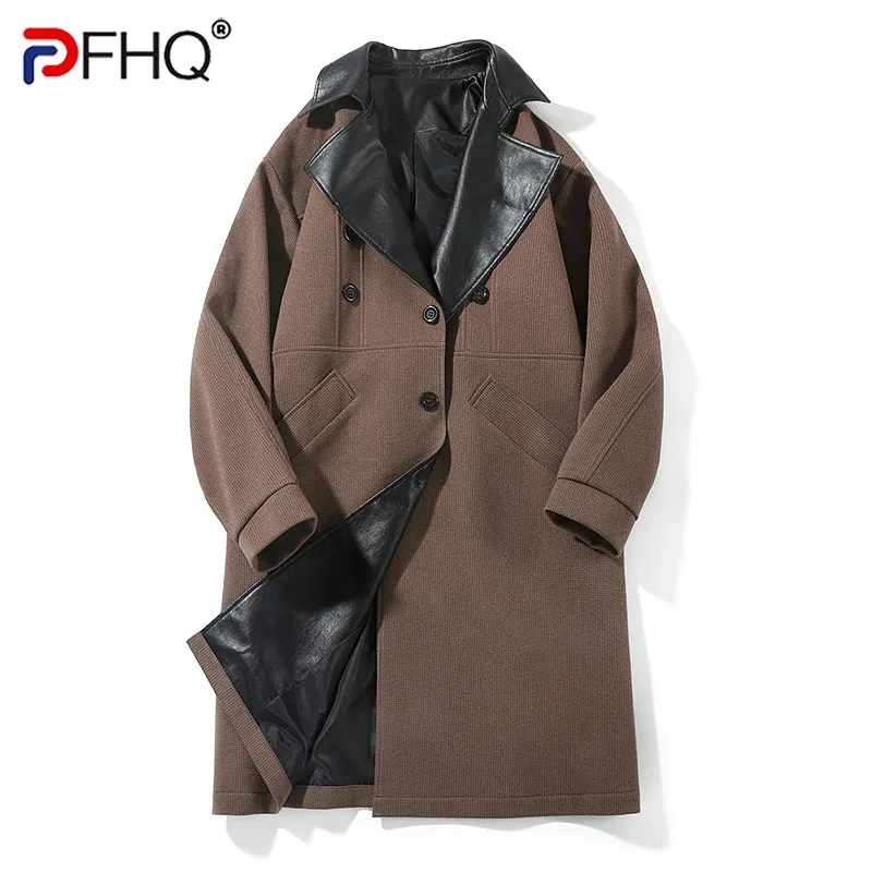 PFHQ Men's Woolen Coat Windbreaker PU Leather Jacket Explosive 2024 Patchwork Contrast Color Male Tops New Fashion 21Z6181