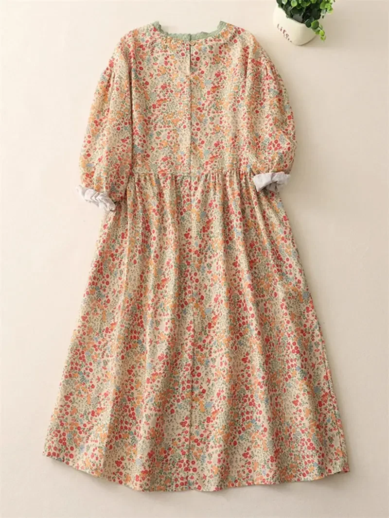 Vestido feminino estilo japonês primavera com gola de renda floral – vestido midi de manga comprida em camadas soltas de linho de algodão JJ958