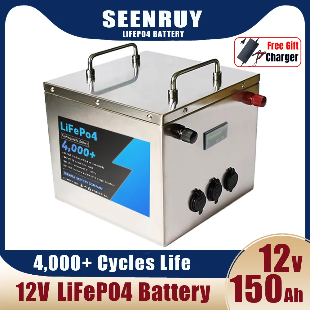 12V 150Ah 200Ah Lifepo4 Compact Battery Pack Portable Power Station Built-in BMS USB LCD for Camper Motorhome RV Outdoor Camping