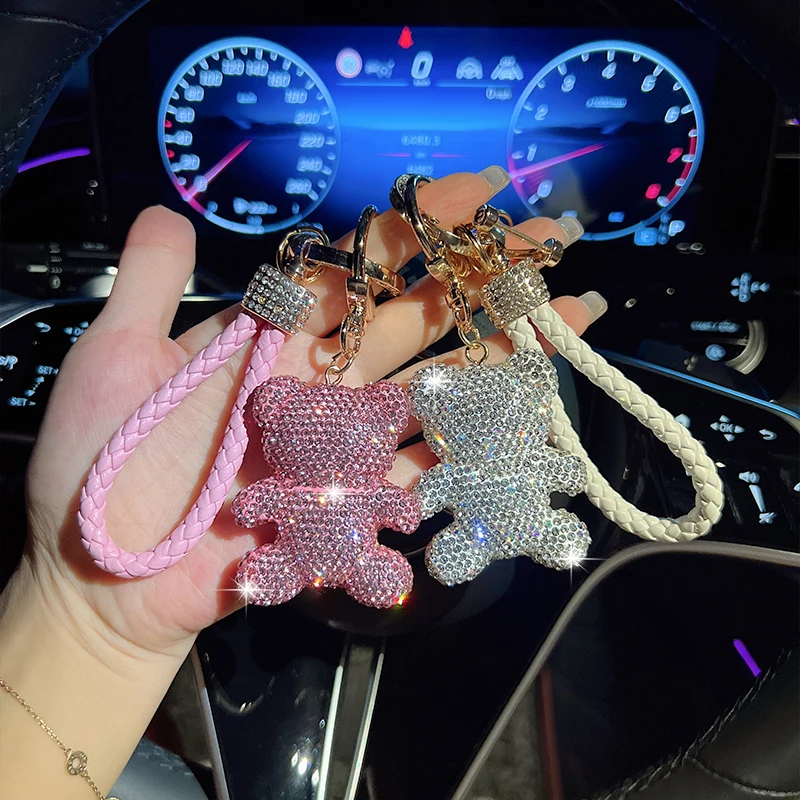 Diamond encrusted teddy bear keychain, cute woven rope, personalized car keychain, exquisite gift bag, pendant accessory