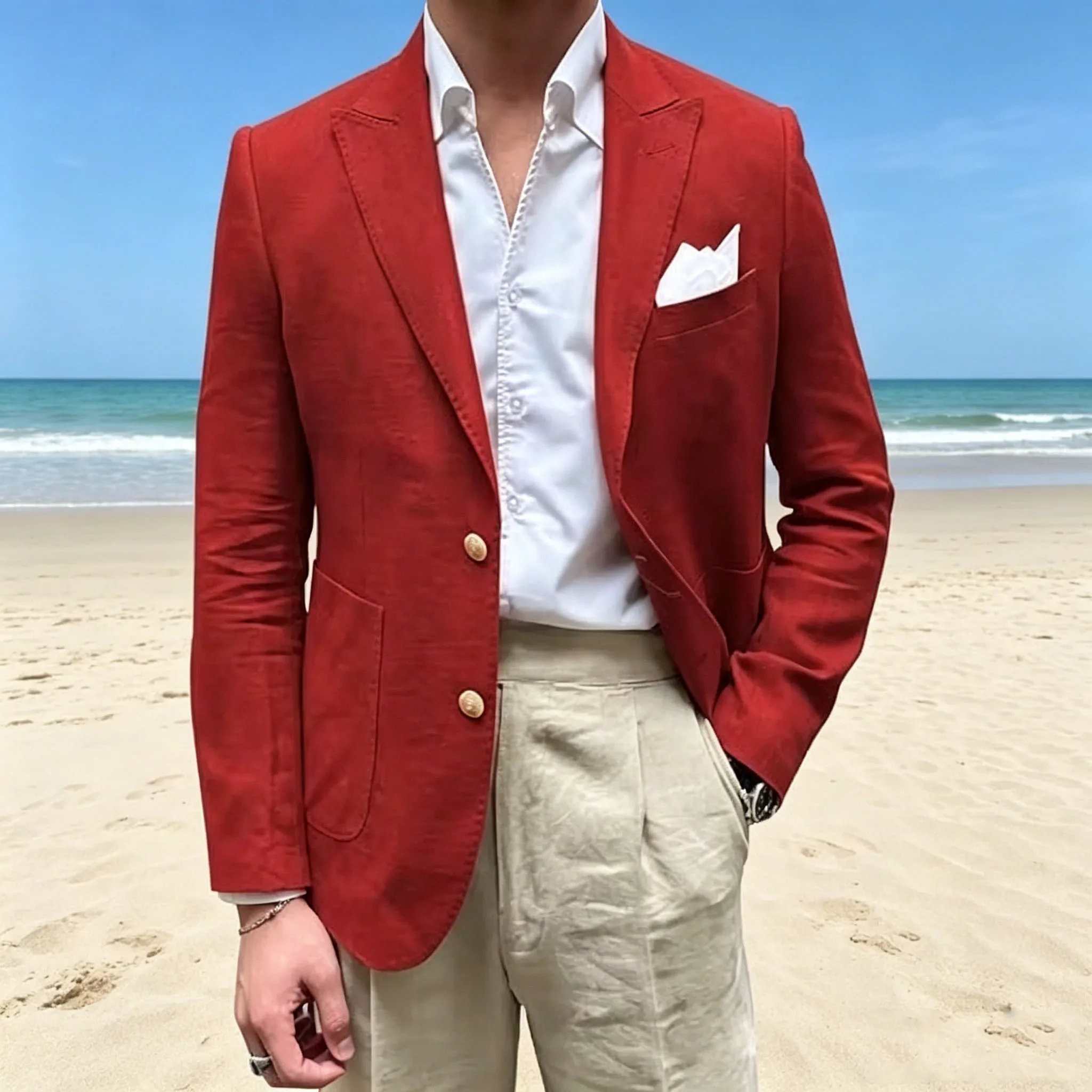 Elegant Men‘s Linen Blend Blazer Peak Lapel Slim Fit Breathable Lightweight 2-Button Summer Formal Jacket For Beach Wedding Hot