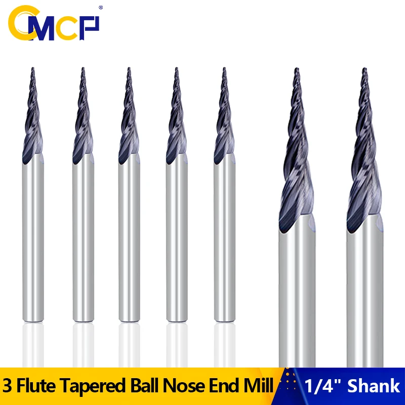 

CMCP R0.4 3 Flute Router Bit 1/4" Shank Tapered Ball Nose End Mill Carbide Endmills Milling Tool CNC Machine Milling Cutter