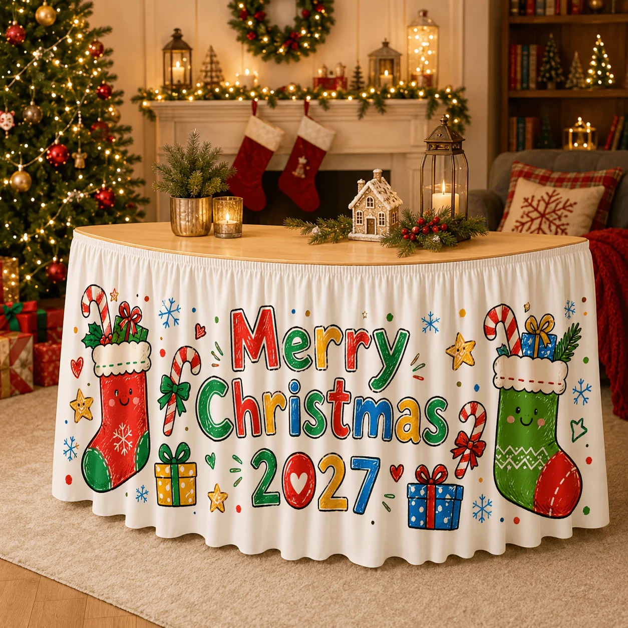 1 piece tablecloth table skirt - Merry Christmas 2027 tablecloth, cartoon Christmas stocking candy bar gift box