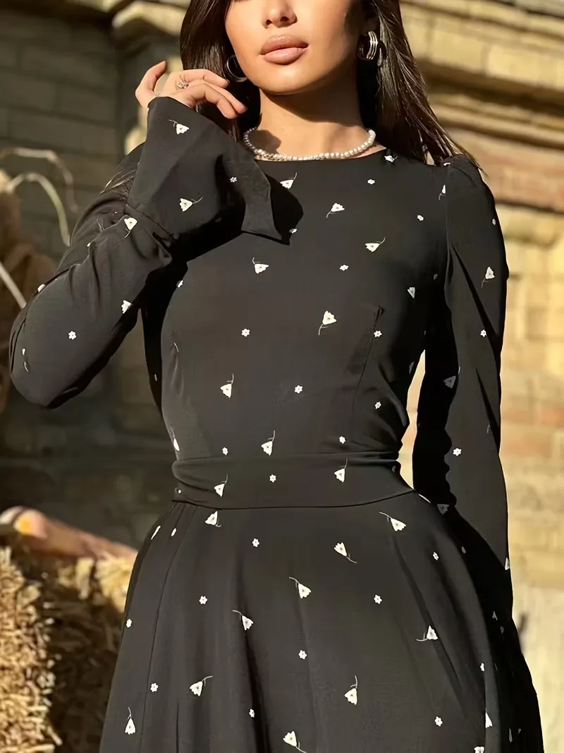 Sukienka damska, nowa jesienna kolekcja, modna, z nadrukiem, długi rękaw, wysoki stan, wiązana, stylowe sukienki damskie