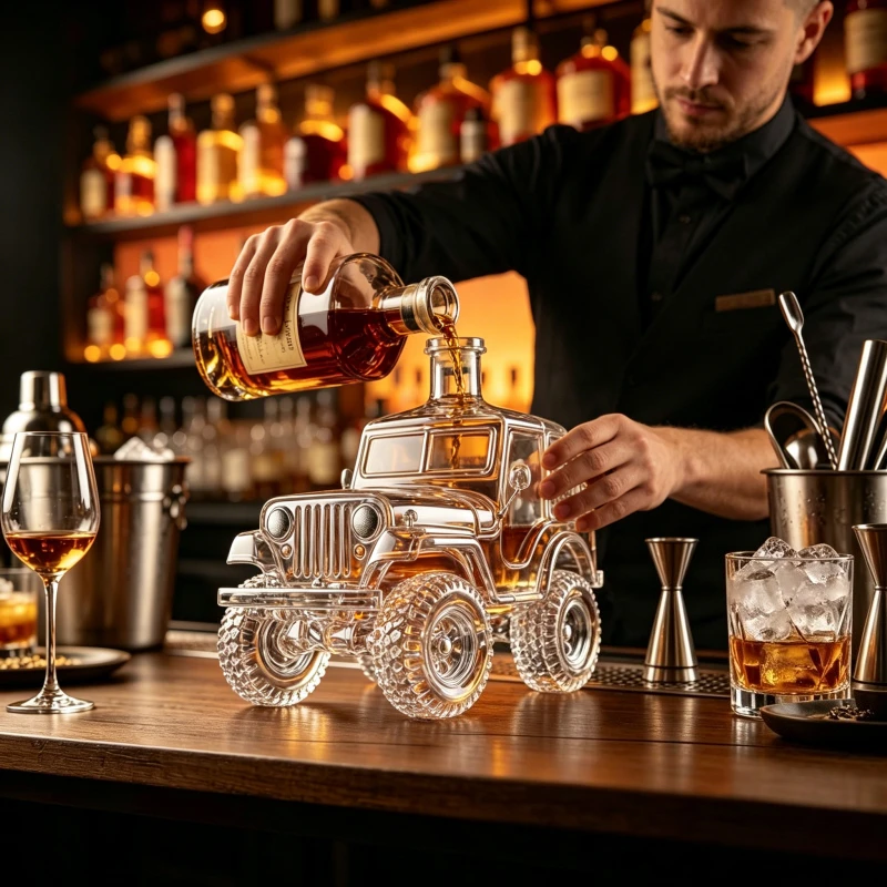 Jeep SUV Shaped Whiskey Decanter Crystal Glass Wine Bottle, Unique Off-Road Car Design Liquor Dispenser for Bourbon, Vodka,
