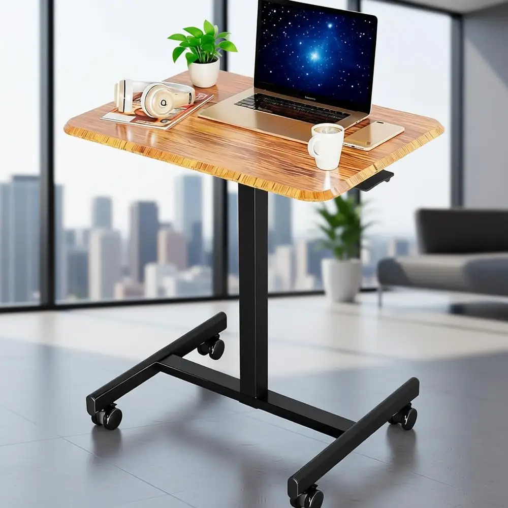 

Portable Adjustable Height Standing Desk with Lockable Wheels, Compact Laptop Desk for Home Office or Dorm, Brown