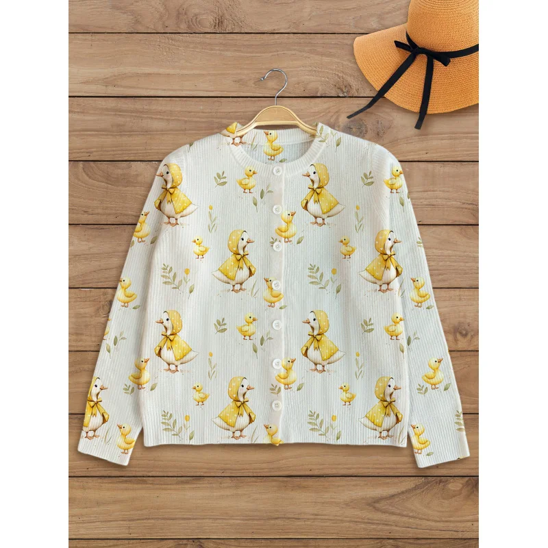 

Sweet Cute Duck Print Women's Sweater Cardigan Thickened Loose Round Neck Long Sleeve Button Autumn Winter Outdoor Leisure Party