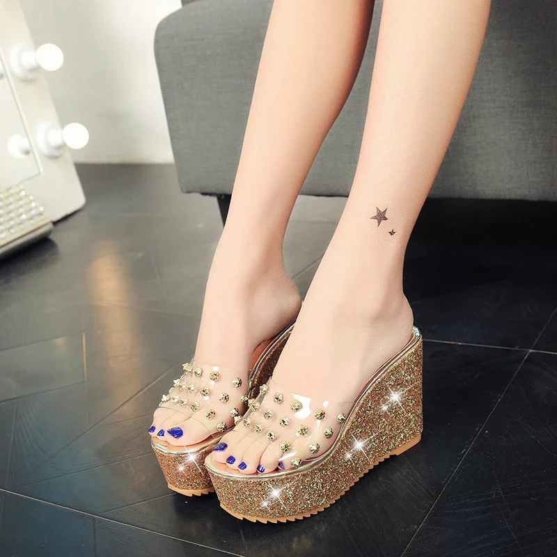 Women Sandals Rivets Transparent Peep Toe High Heels Sandals Fashion Ladies Glitter Platform Wedges Summer Slides