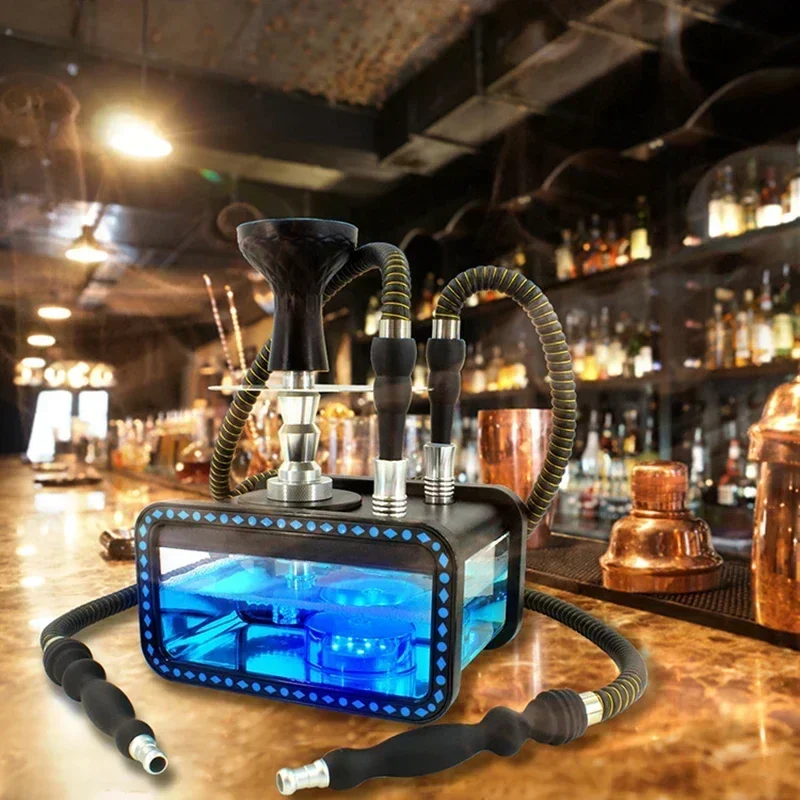 1/2 Hose Hookah Set, Micro Cuboid Acrylic Shisha With Travel Bag Portable Complete Narguile Set With Magical Remote LED Light
