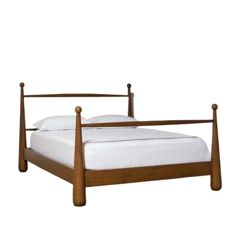 Cama de casal retrô americana de madeira maciça 1.8, cama de casal nórdica simples e macia para crianças, estilo wabi-sabi moderno