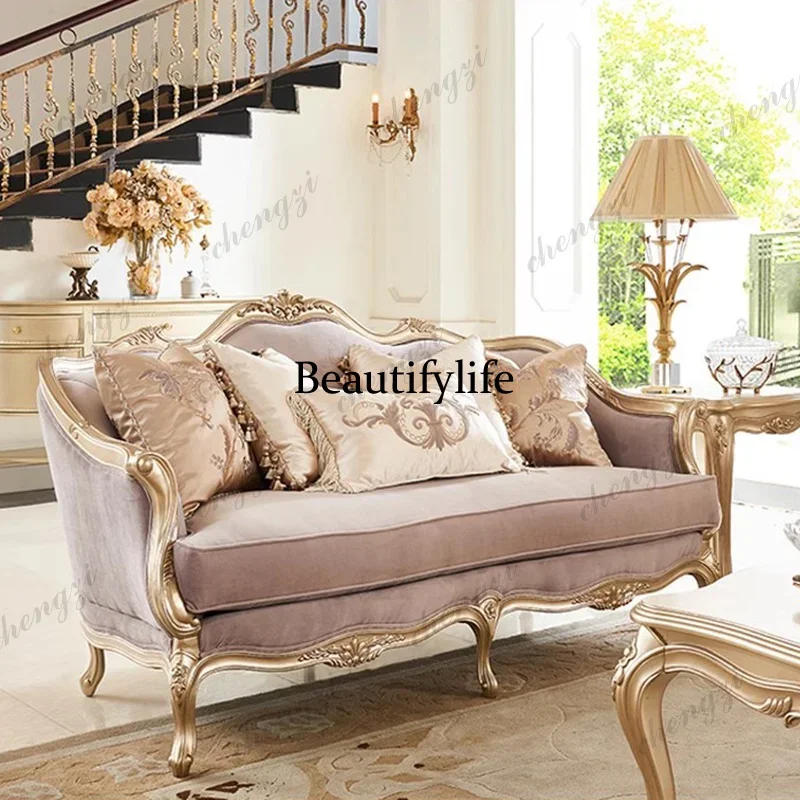 

Hot sales European solid wood single and double three-person sofa combination French light luxury villa living room carved furn