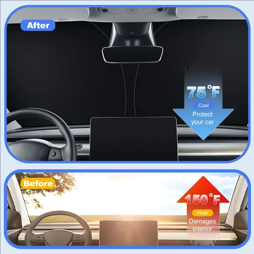 For Tesla Model Y Model 3 Highland Car Cover Windshield Sunshade Sun Blockage Foldable Heat Insulation Sunshade Storage Bag