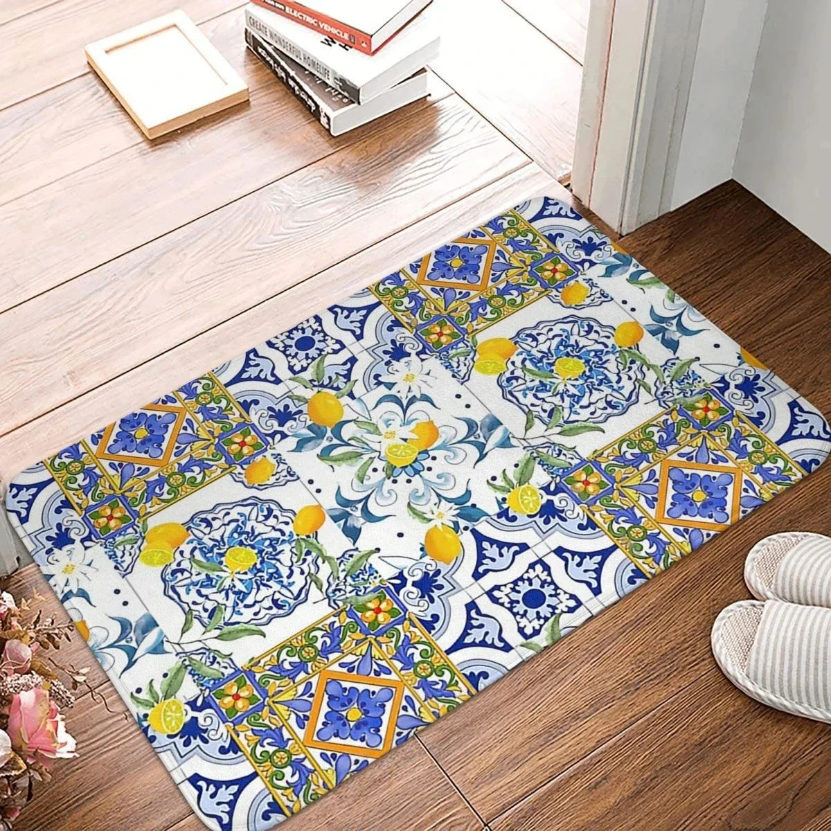 

Home Mediterranean Lemon on Blue Ceramic Tiles Doormat Mat Rug Anti-slip Floor Decor Bath Bathroom Kitchen Carpet In The Hallway