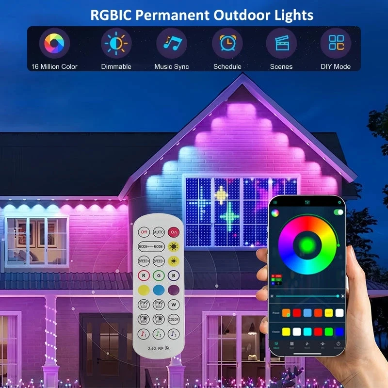 rgbカラーの屋根裏照明、屋外用常設照明、bluetoothリモコン、音楽連動機能、タイマー機能、防水仕様、パーティー、家庭、ホリデーの装飾に最適。