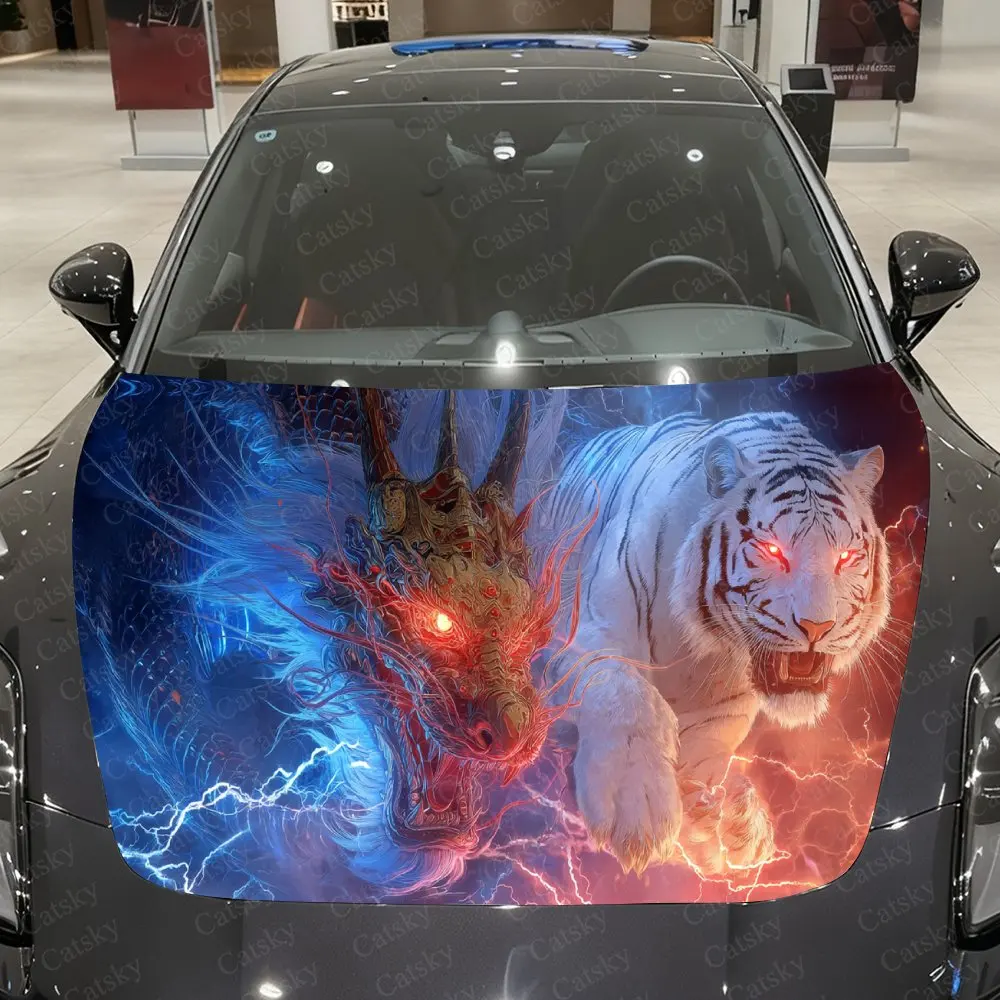 

Colorful Divine Dragon & White Tiger Lightning Car Vinyl Wrap, PVC Material Waterproof Car Hood Sticker, Self-Adhesive Scratch-R