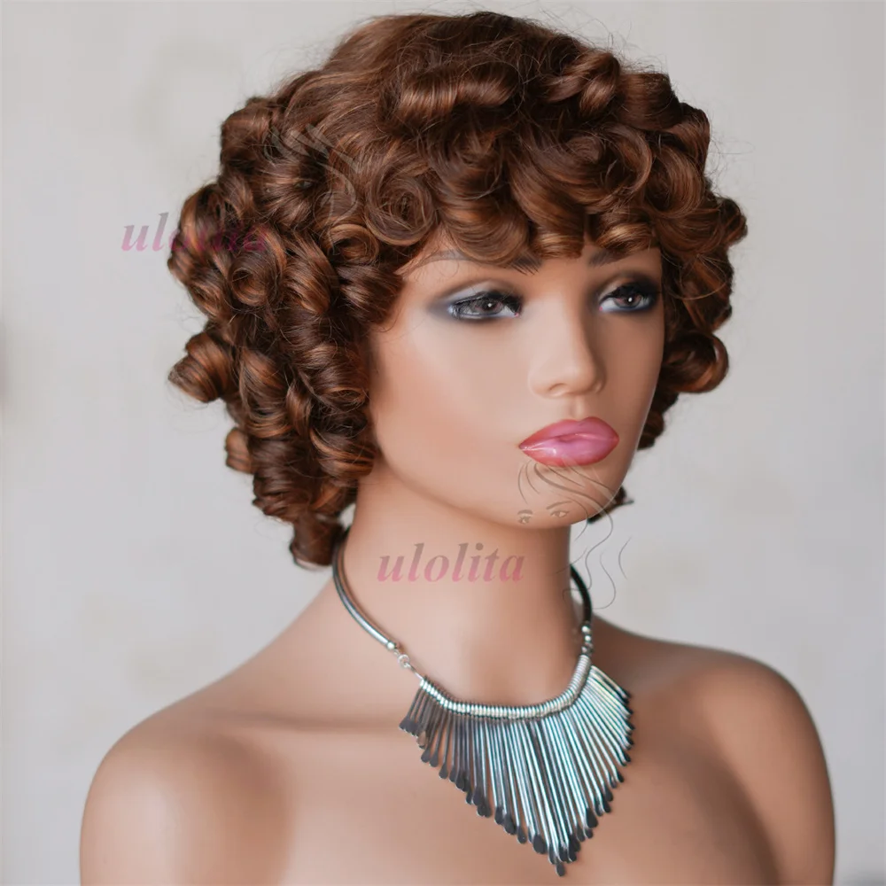 12A Raw Donor #4 Chocolate Brown Rose Curly Wig With bangs fumi Unprocessed Vietnamese Double Drown Bouncy Wave Full Machine Wig