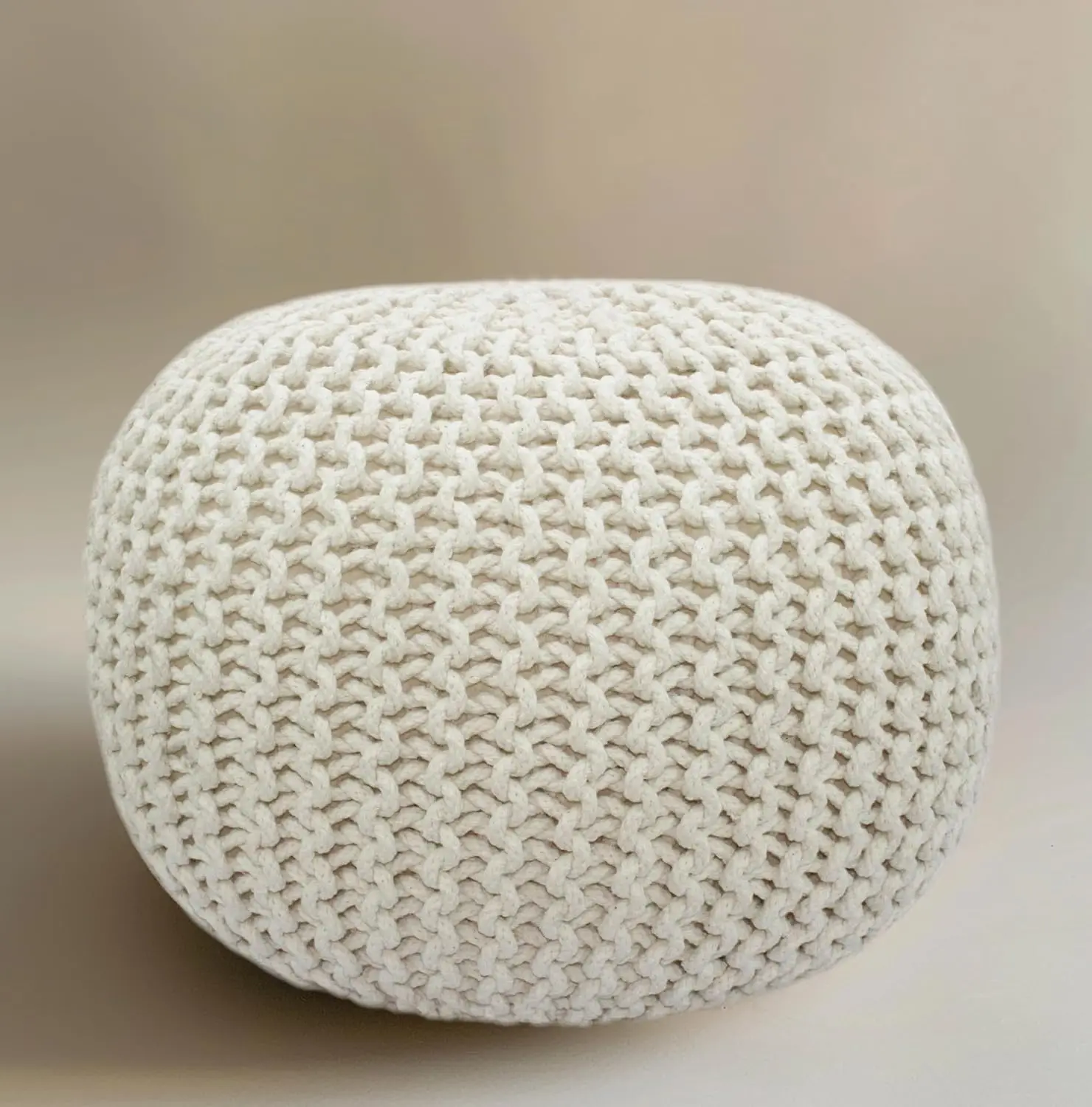 

Hand Knitted Round Dori Pouf - Cotton Braid Cord Ottoman, Foot Stool, Floor Pouf, Ivory Cream, 20.5x13.5 in