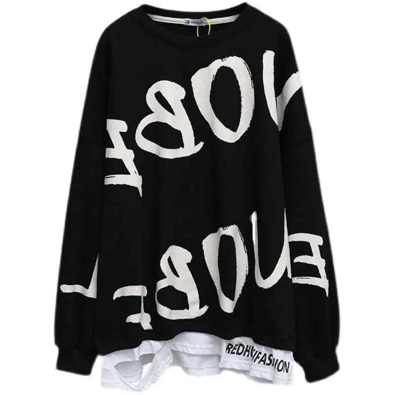 150Kg Large Size 8XL Women\'s Spring Autumn O Neck Printed Fake Two Piece Sweatshirts Bust 150cm Loose Pullover Black Gray