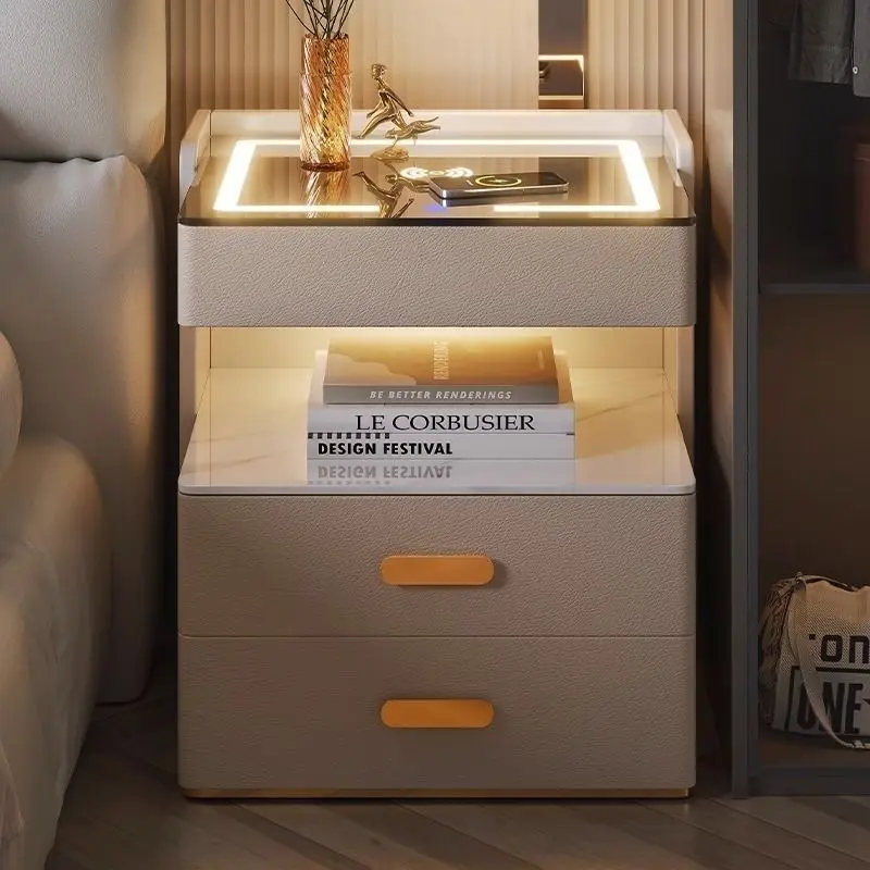 حار بيع طاولة السرير الذكية مع شحن لاسلكي منضدة جلدية فاخرة الحديثة منضدة السرير الجداول لغرفة النوم