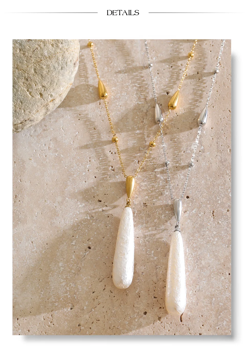 Yhpup Edelstahl-Tropfenanhänger mit Imitationsperlen, Halskette, Neuheiten, Modisch, Schick, Abendglamour-Schmuck – Detail 7