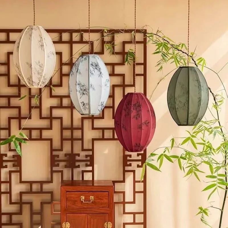 

Medieval retro chandelier fabric lantern lighting for living room restaurant tea room New Chinese decorative lamp
