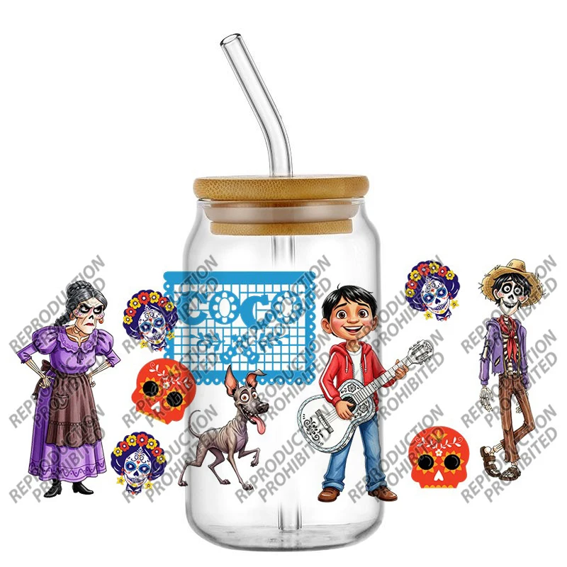 music coco Cartoon Character 16OZ UV DTF Cup Wrap Transfers Stickers For Libbey Glass Can Cups Tumbler Waterproof Craft sticker