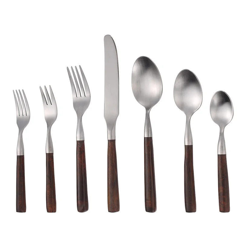 Upscale Frosted Cutlery with wooden Handles Stainless Steel Dinnerware Western Tableware Knife Fork Tea Spoon Silverware